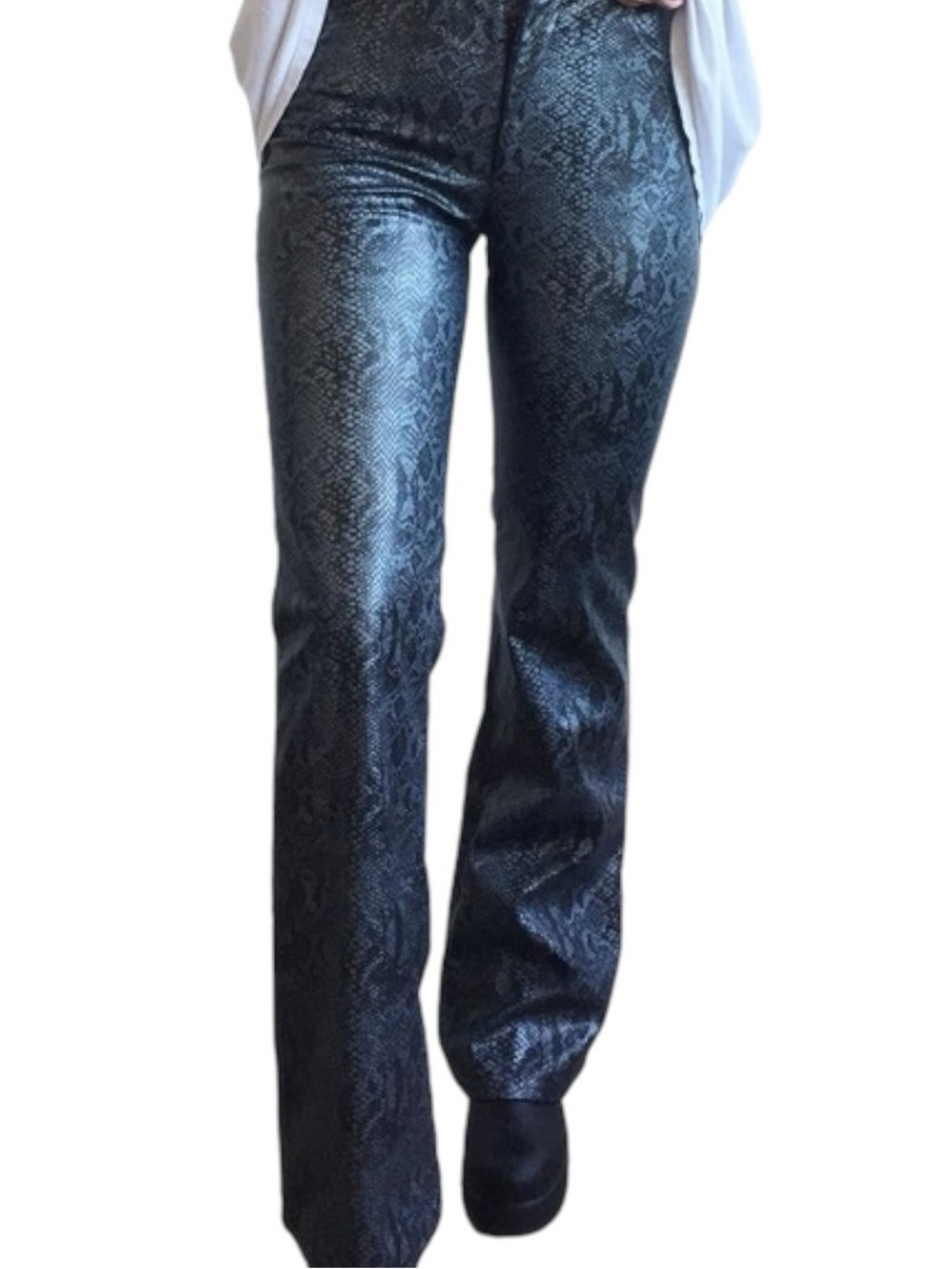 Y2K faux leather Paris Blues Metallic Snake-Print low rise lined Flare pants